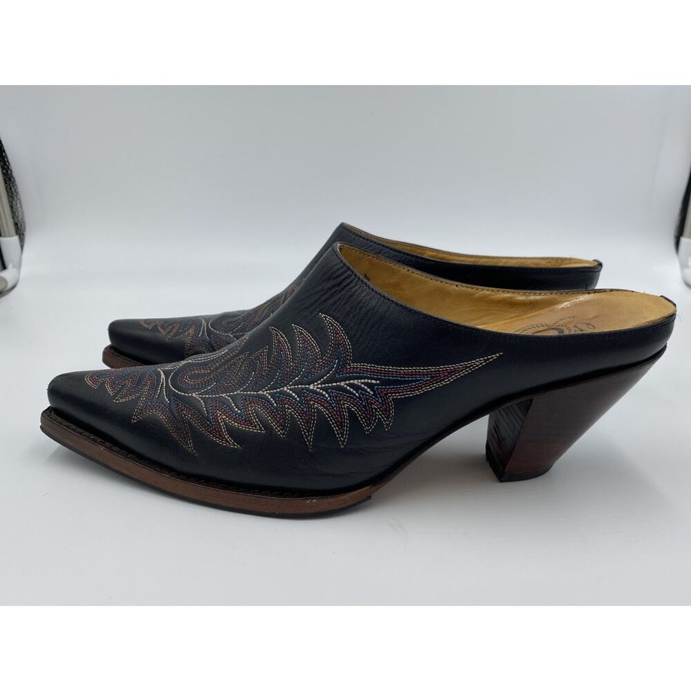 Black Embroidered Pointed-Toe Mule Heels